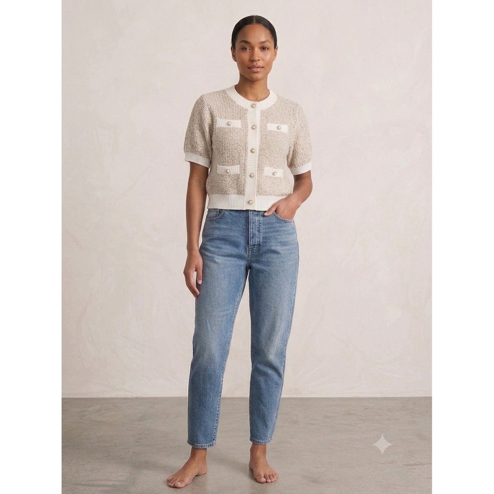 Urban Revivo Beige White Tweed Knit Short Sleeve Pearl Button Cardigan‎ L NEW